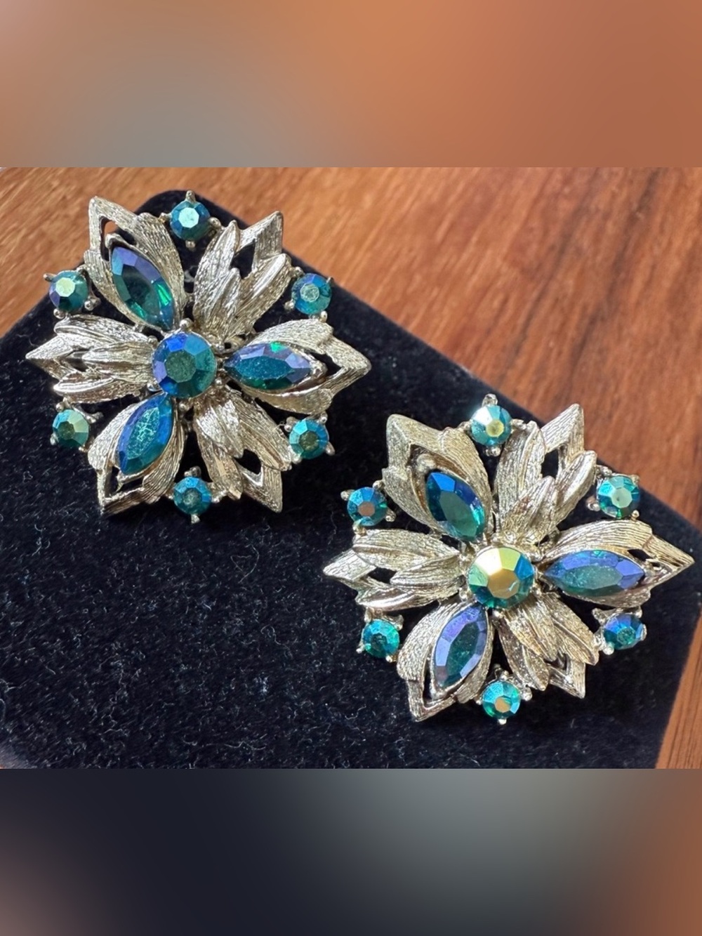 Vintage Coro AB Gold Tone Green Rhinestone Clip on Earrings Aurora Borealis